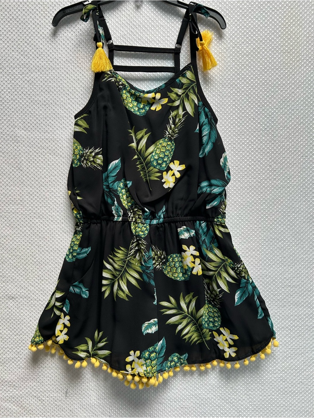 Truly Me Black Pineapple Print Shortall/ Romper w/ Yellow Tassels. Adorable! NWT